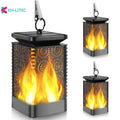 Set of four black solar-powered hanging lanterns with flickering flame LED lights for outdoor garden decoration.