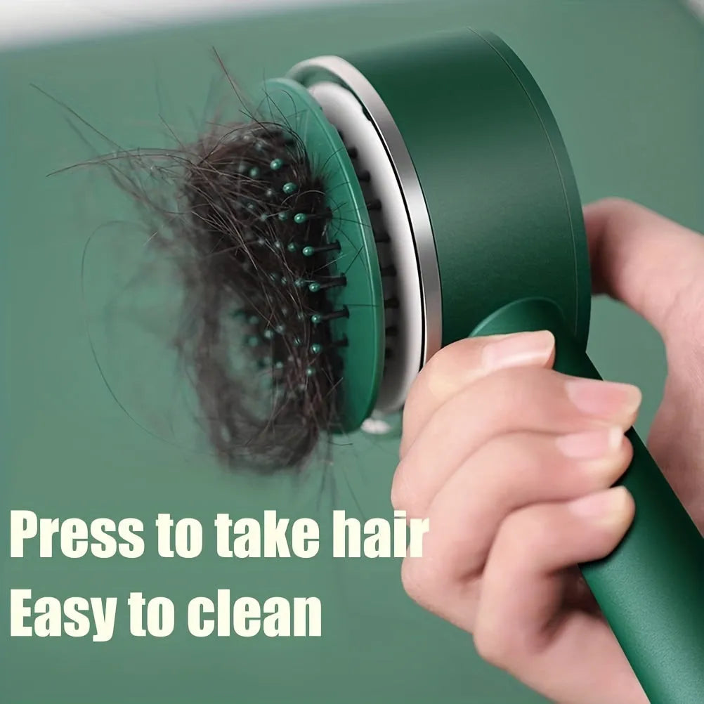 One-key self-cleaning hair brush with airbag cushion and round-head comb tips, 20x9cm, available in green pink and white