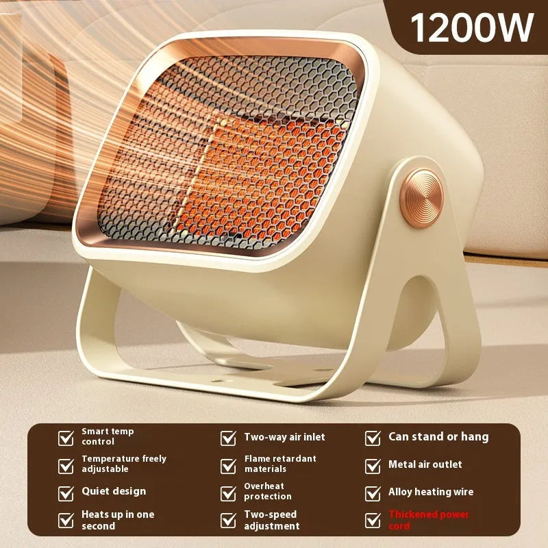 Grey PTC ceramic desktop heater with rotatable base on wooden desk