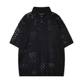 Solid colour hollow knit short sleeve polo shirt in loose fit design