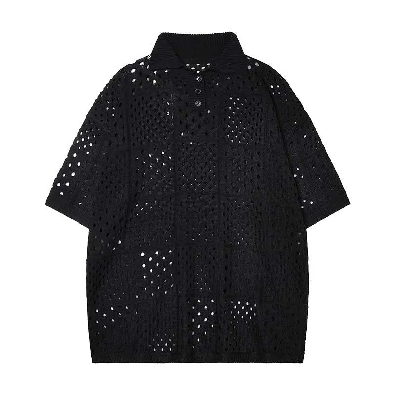 Solid colour hollow knit short sleeve polo shirt in loose fit design