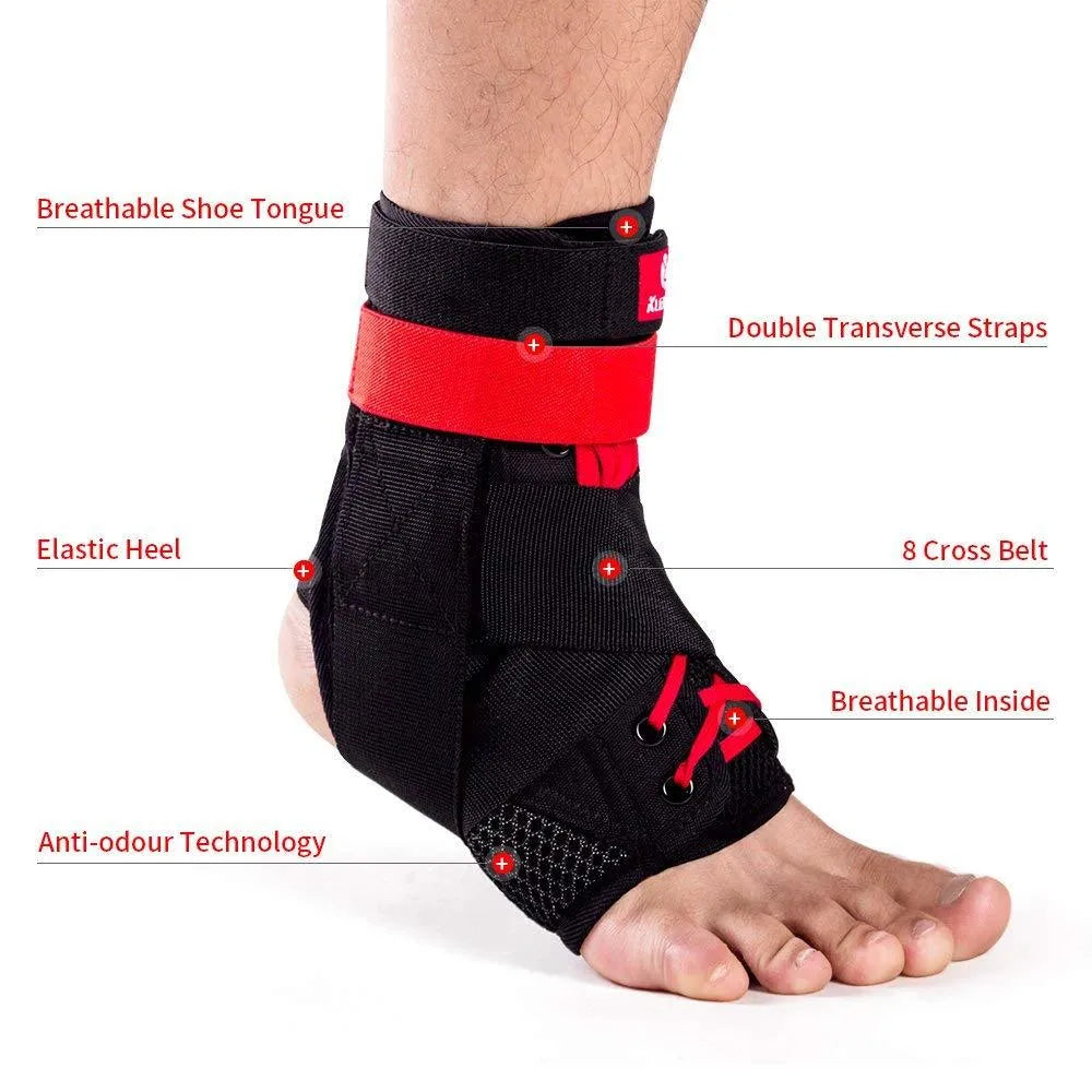 Kuangmi adjustable ankle brace in black red with straps for sport support