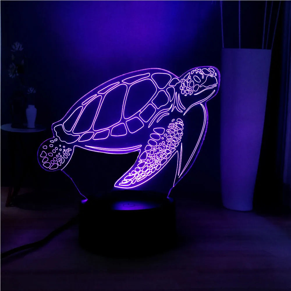 3D turtle-shaped LED night light with remote control showing sixteen colour options, made from translucent acrylic material