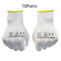 White PU coated work gloves showing flexible construction and 24cm length