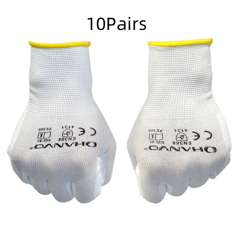 White PU coated work gloves showing flexible construction and 24cm length