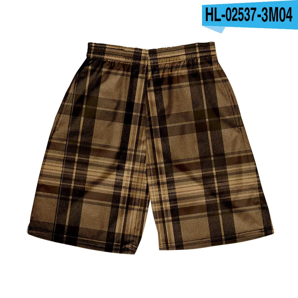 Men's plaid shorts with digital print pattern in polyester fabric, straight fit casual beach pants