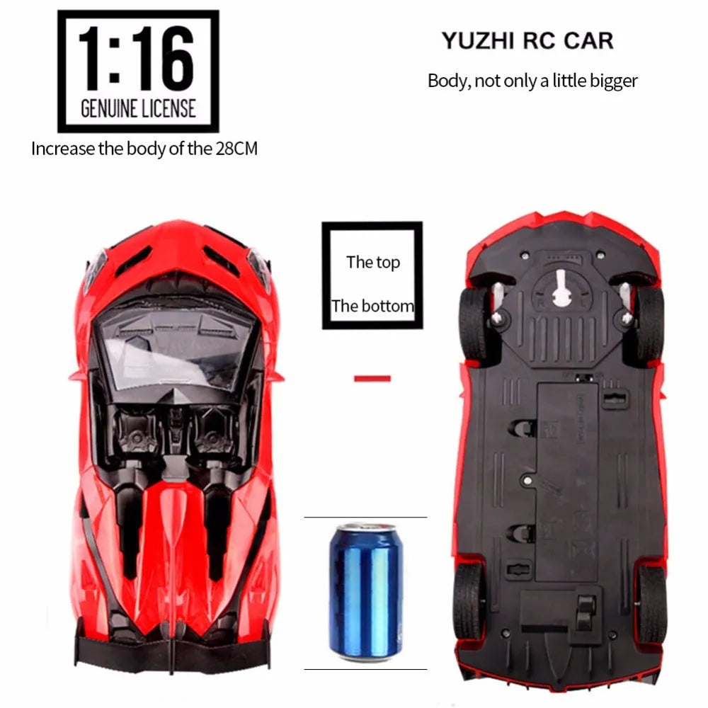 1:16 scale blue remote control racing car with LED lights and airflow line body on a surface