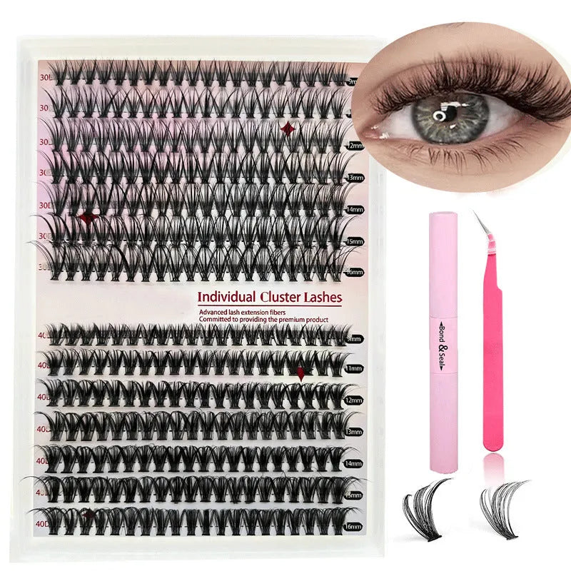 DIY cluster false eyelashes mixed package showing 30D and 40D thicknesses with tweezers