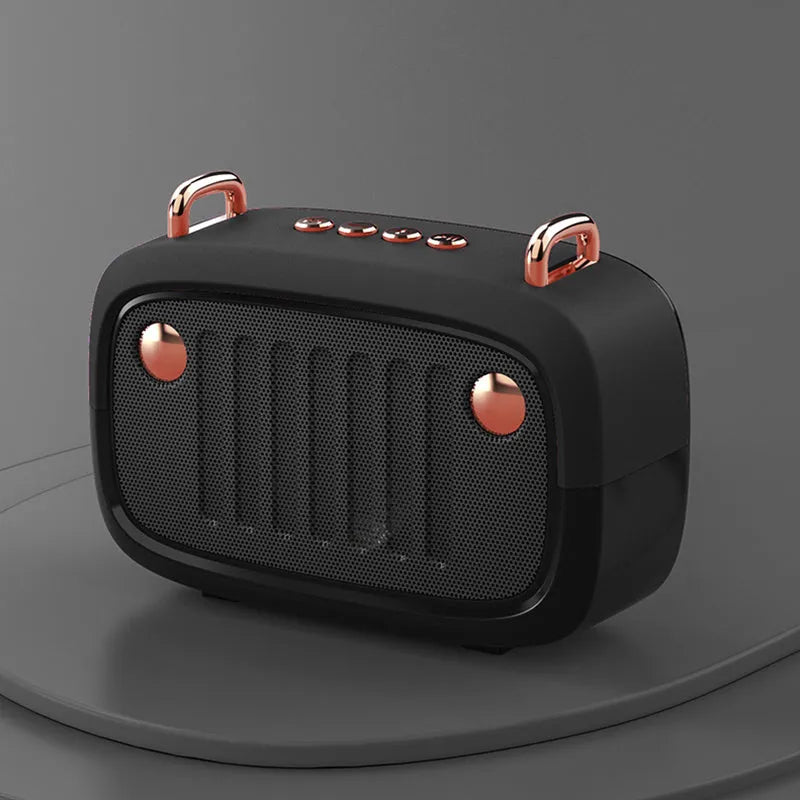 Wireless Bluetooth speaker mini cartoon subwoofer outdoor card portable in black with front grille and controls