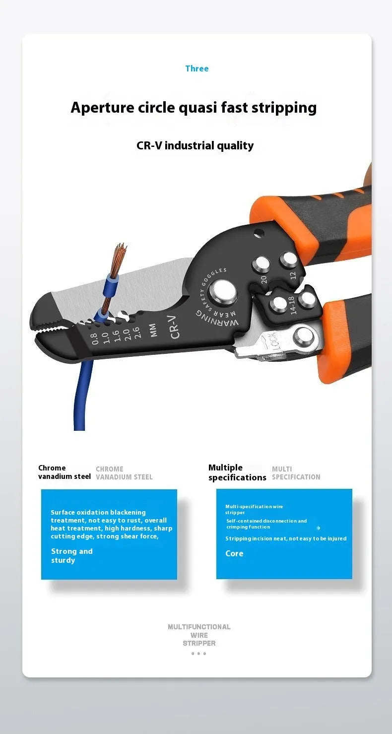 Fully automatic wire stripping pliers tool with high carbon steel blades for electrical work