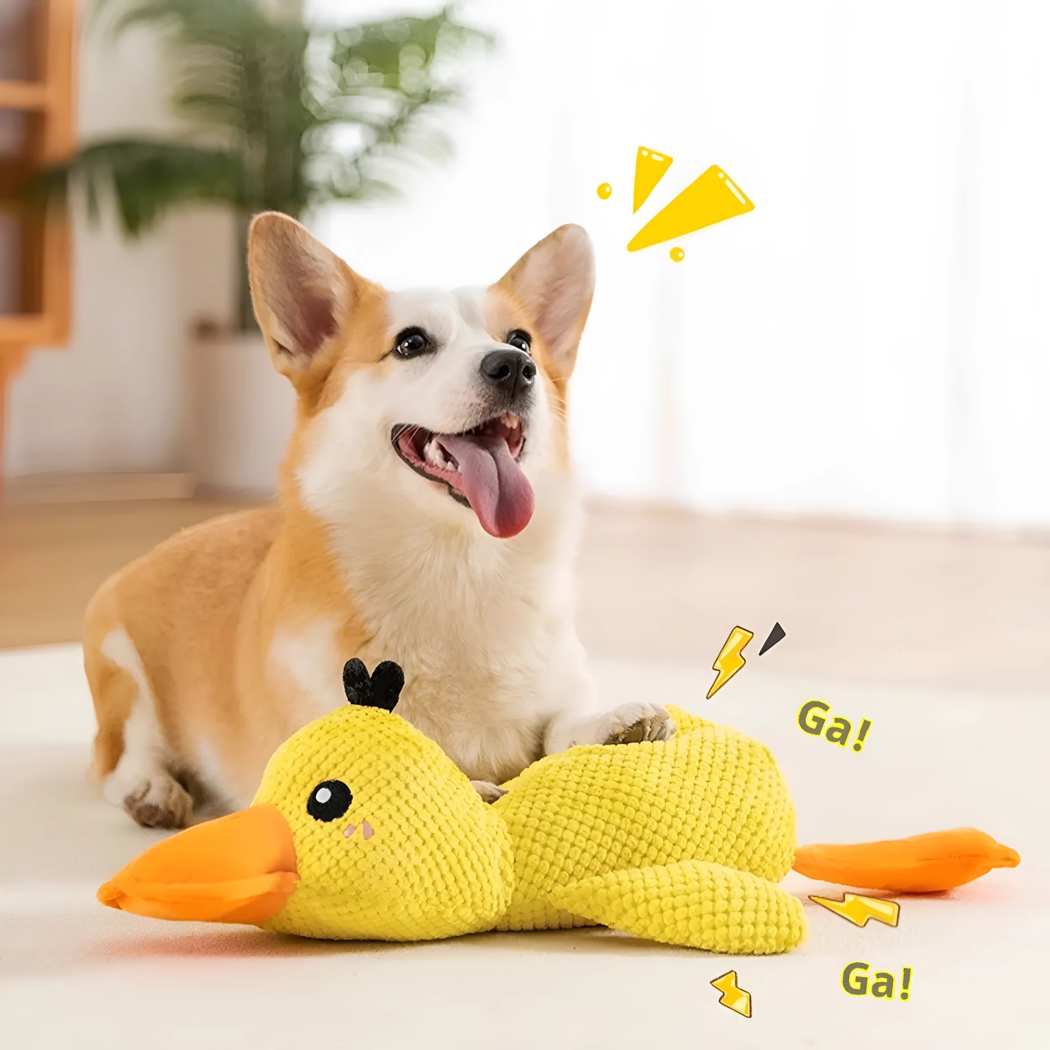 Bite-resistant dog toy with squeaker in rock yellow duck style on white background