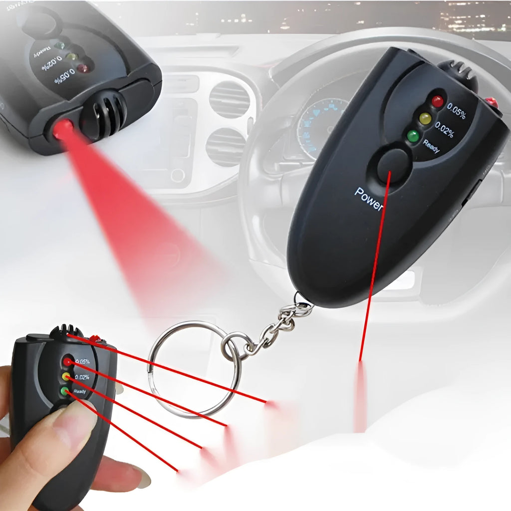 Black portable breath alcohol tester with LED display, torch flashlight, and keychain attachment on a white background