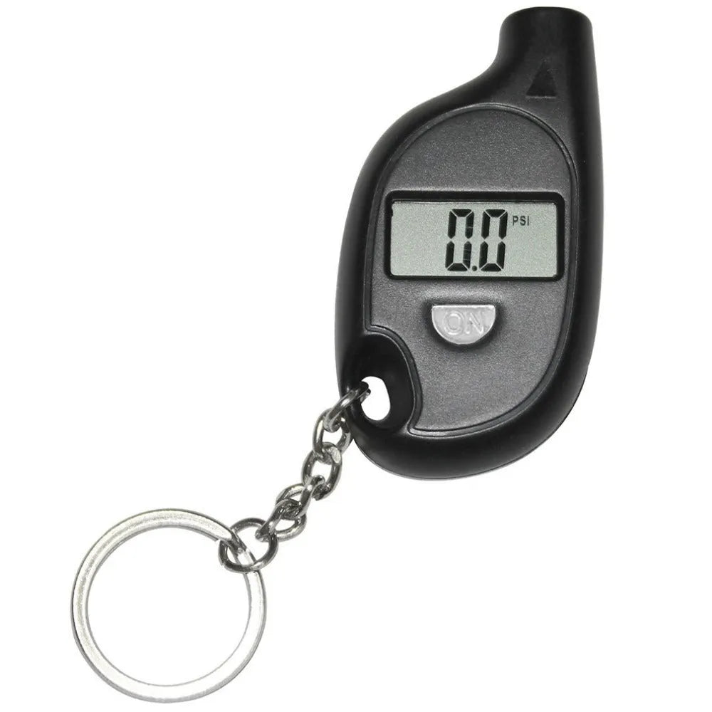 Black ABS keychain tire pressure gauge with LCD screen on keyring