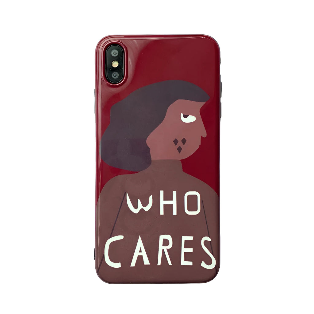 Wine red silicone phone case with brown girl illustration for iPhone models 6 to XS Max