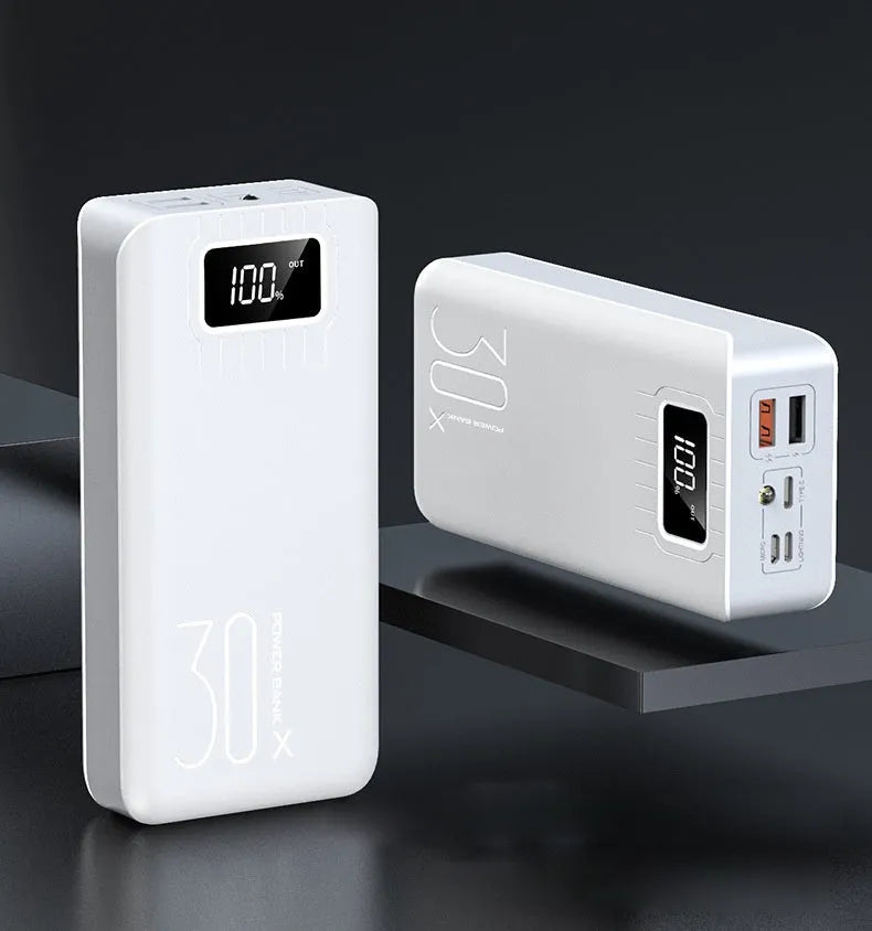 30000 mAh RM-30X power bank with black surface cloth texture and LED LCD display