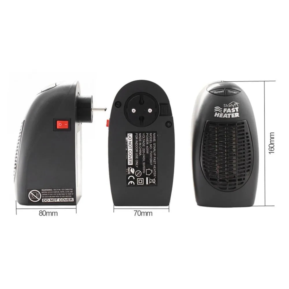Black mini ceramic electric heater with digital display and a rotating plug on a white background.