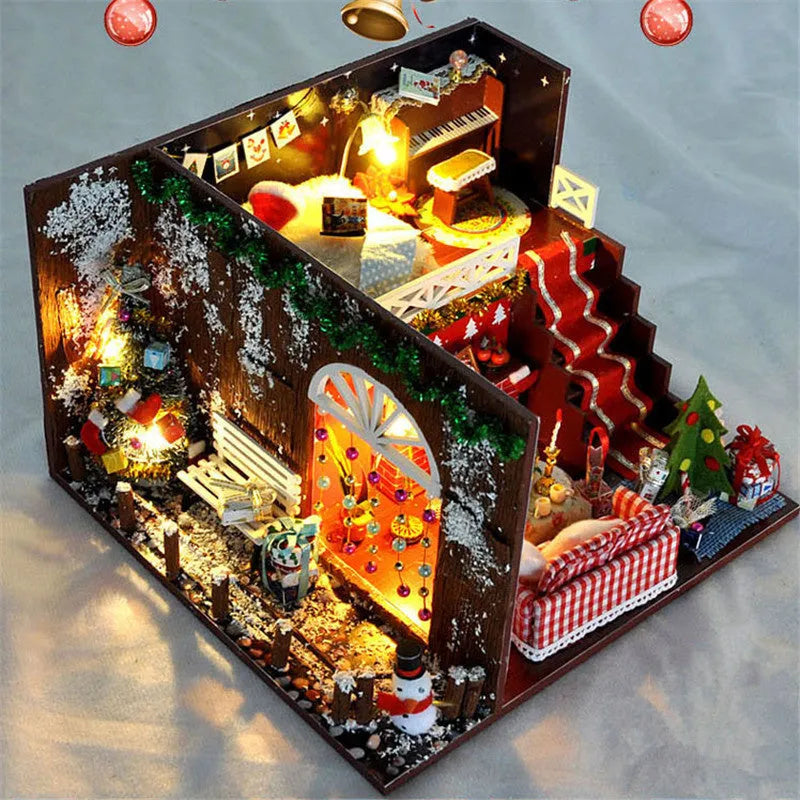 DIY Christmas cottage miniature house kit with LED lights, wood construction, cabin style, 22 x 20.5 x 13.7 cm