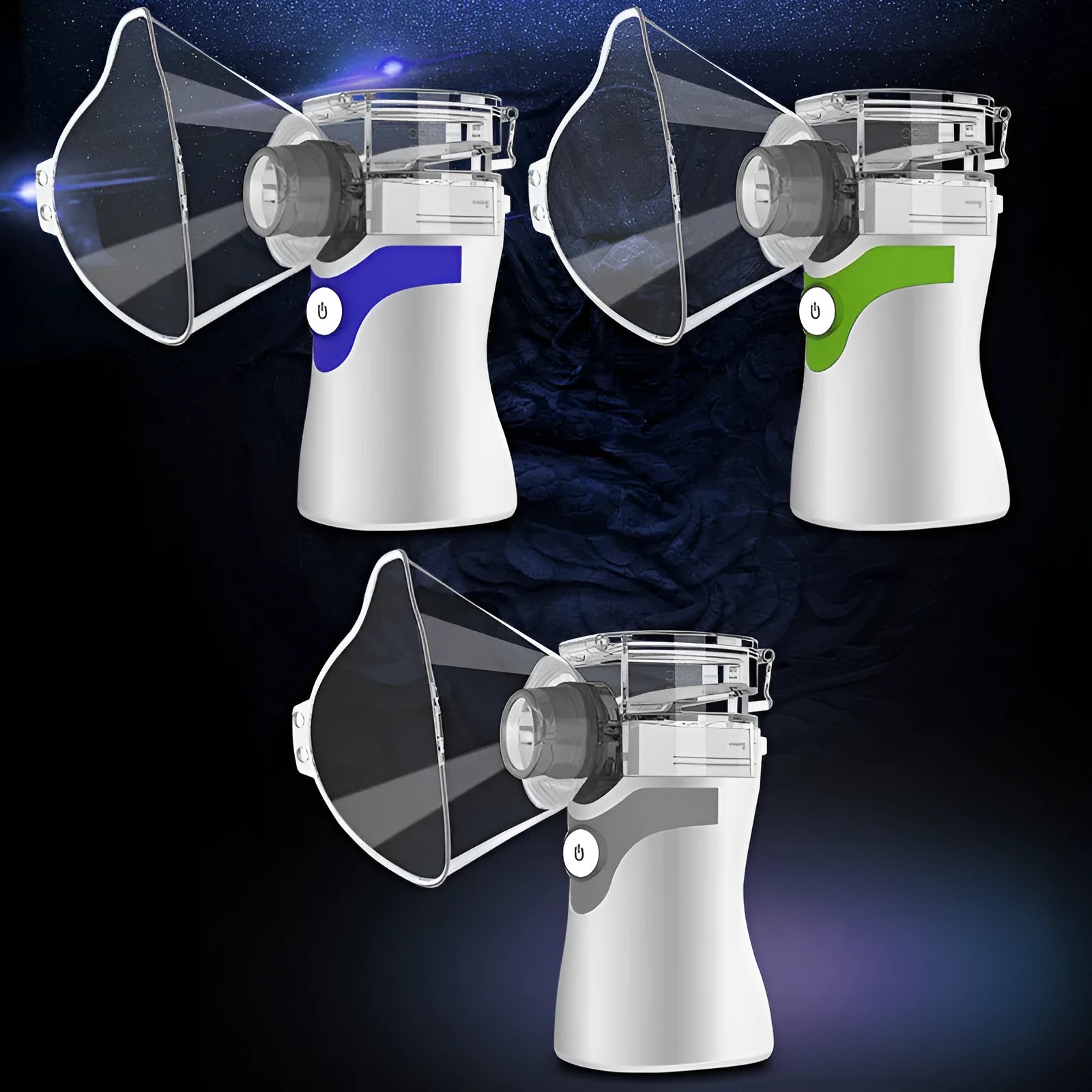 Handheld mesh atomiser in blue with mask and mouthpiece accessories, producing fine particles for inhalation therapy