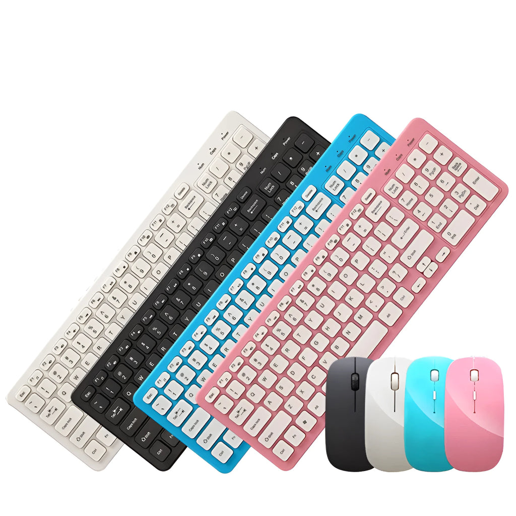 Black wireless keyboard and mouse set with USB receiver on a desk