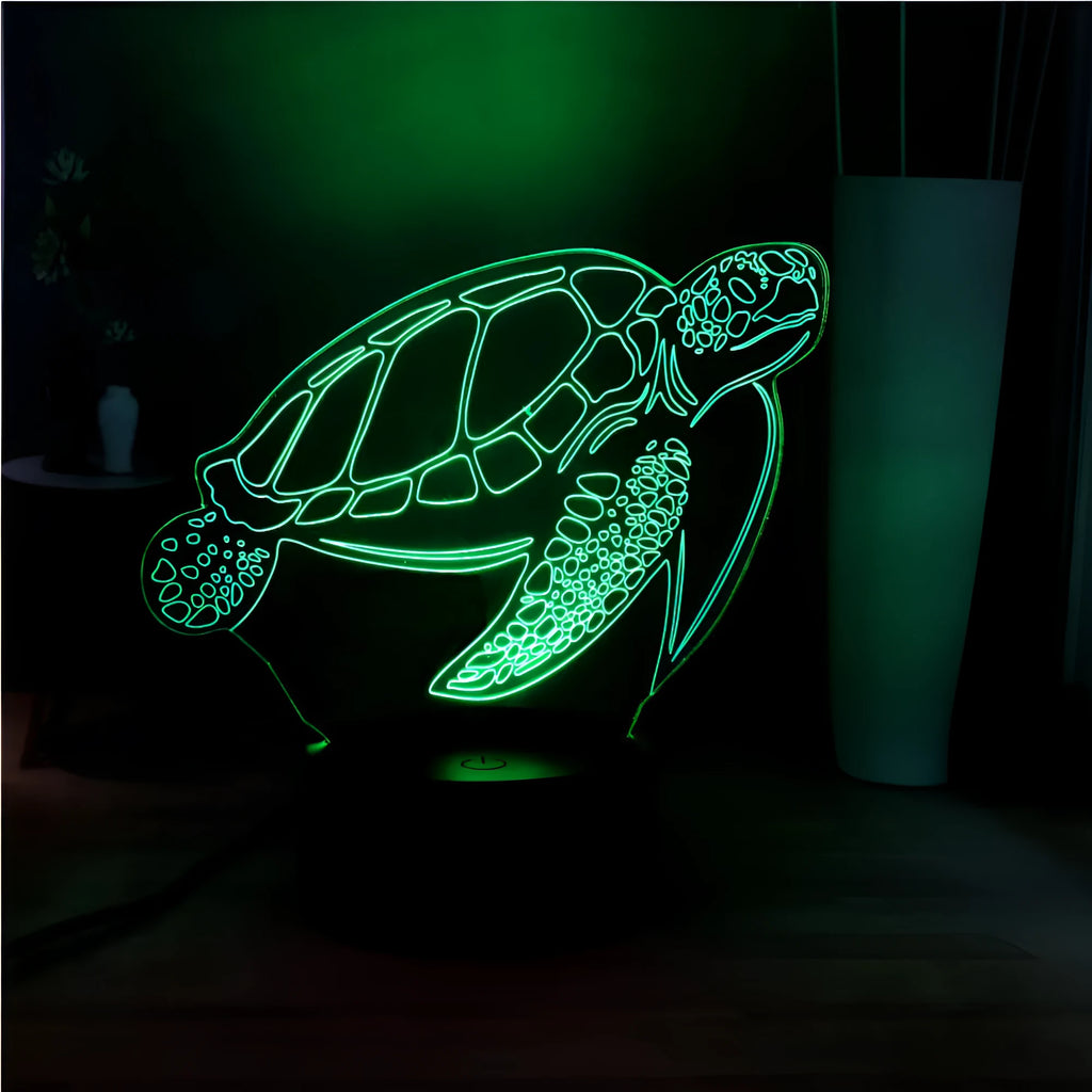 3D turtle-shaped LED night light with remote control showing sixteen colour options, made from translucent acrylic material