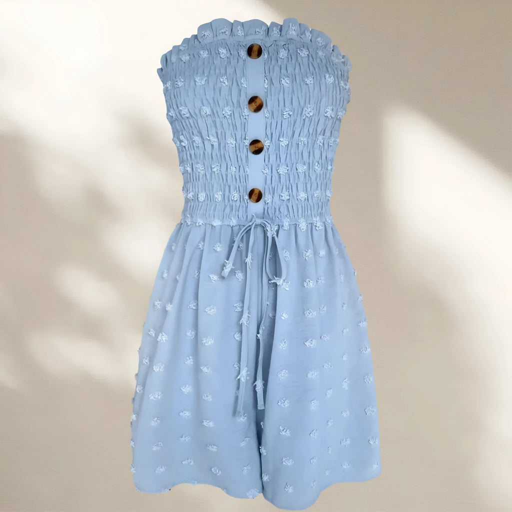 Women's solid colour off-shoulder jumpsuit in polyester fabric showing sleeveless design and mid waist fit