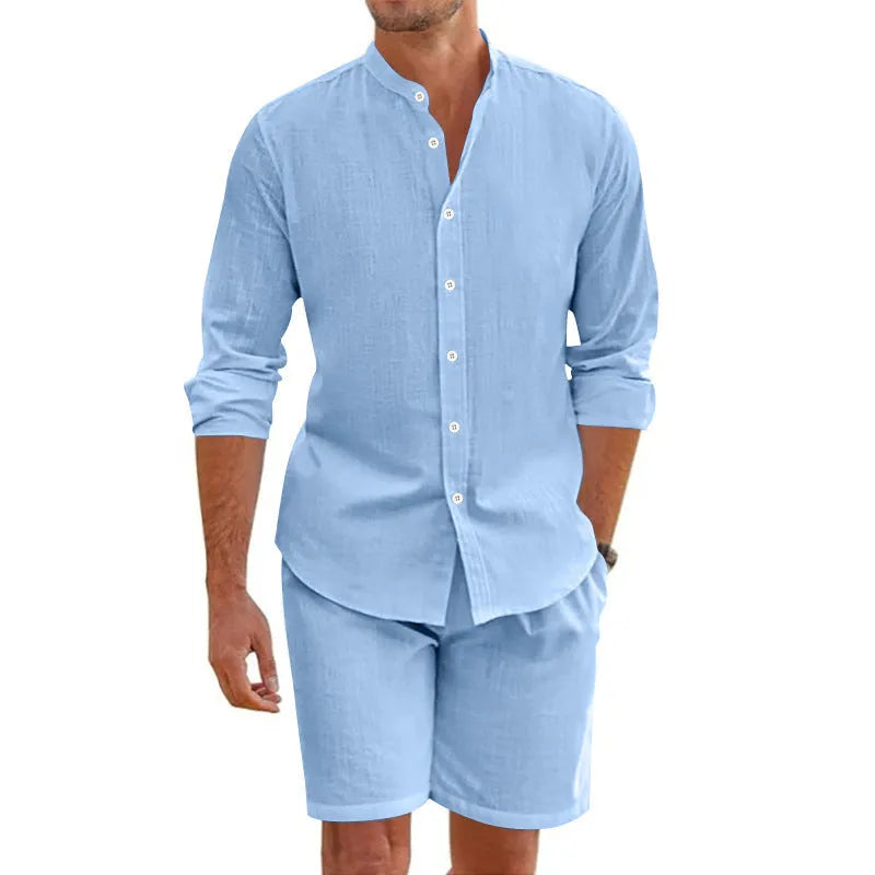 Men's summer short sleeve shirt and drawstring shorts suit in hemp blend fabric