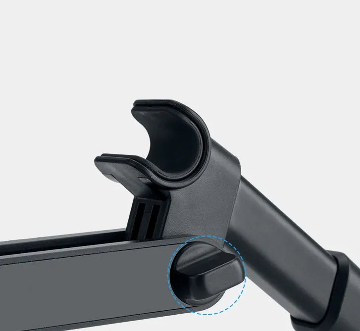 Black universal car phone holder mounted on rear seat centre armrest with tablet secured in snap-in mount