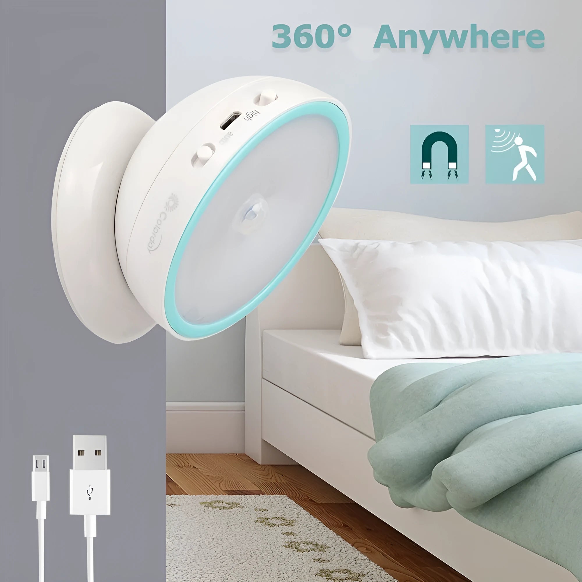 Human body induction night light with 360-degree rotating LED head, motion sensor, USB rechargeable, white colour