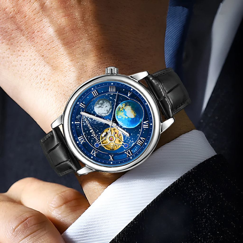 Men's mechanical watch with luminous earth starry dial, silver blue, 43mm metal case