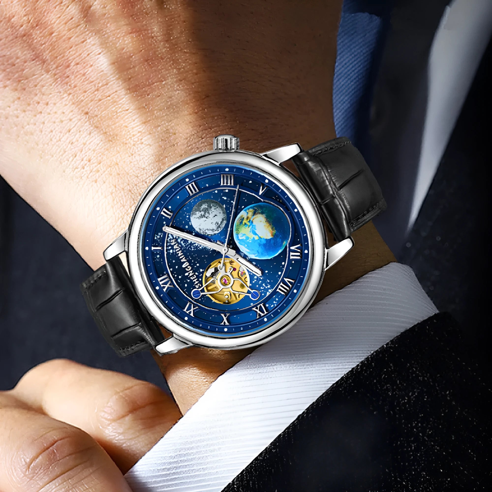 Men's mechanical watch with luminous earth starry dial, silver blue, 43mm metal case