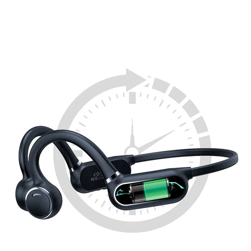 Black air conduction Bluetooth earphones with titanium wire frame showing ear-hook design