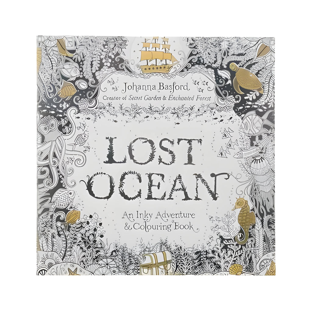 Lost Ocean DIY Coloring Book open to a page with detailed coral and fish illustrations, A4 size, single-sided pages.