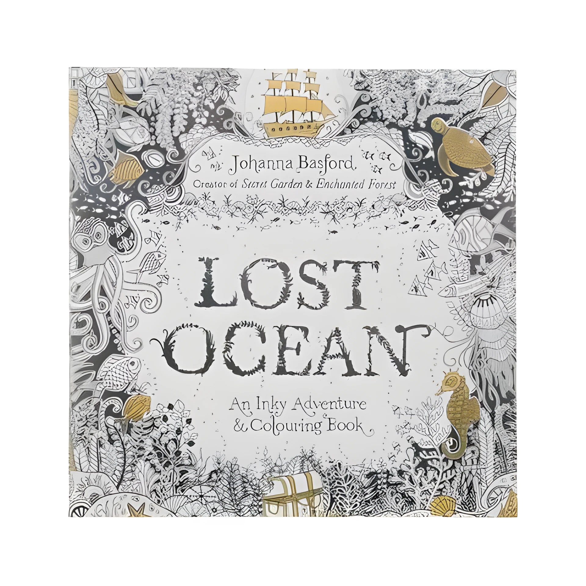 Lost Ocean DIY Coloring Book open to a page with detailed coral and fish illustrations, A4 size, single-sided pages.