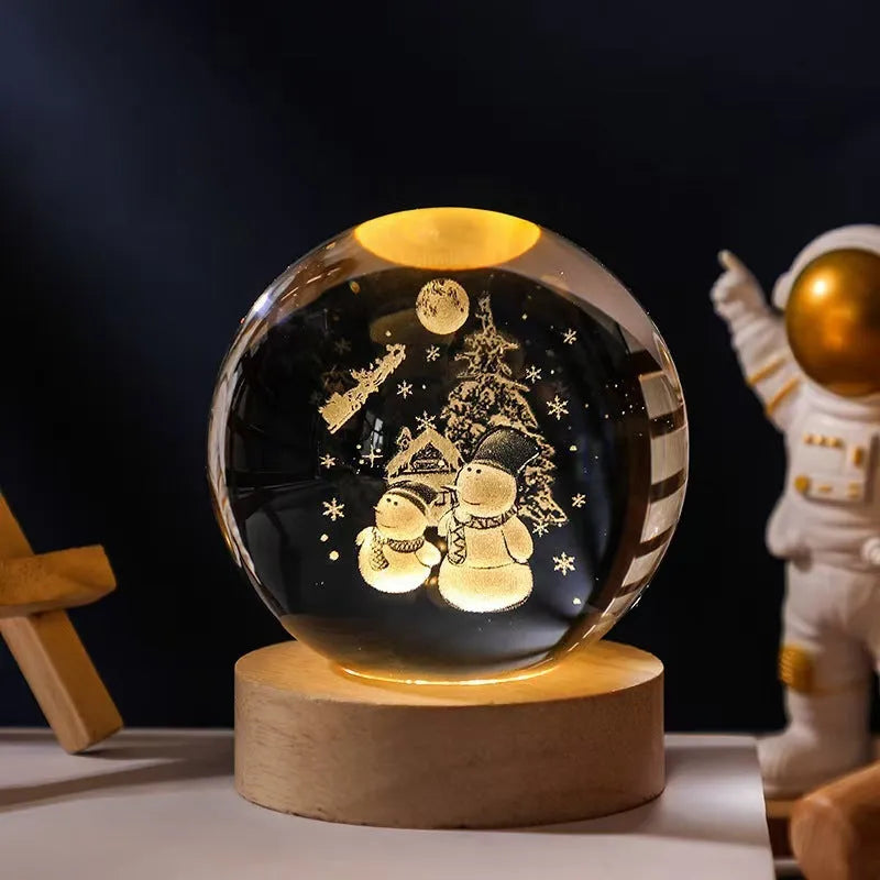 3D crystal ball night lamp with starry sky planets and moon projection on wooden base