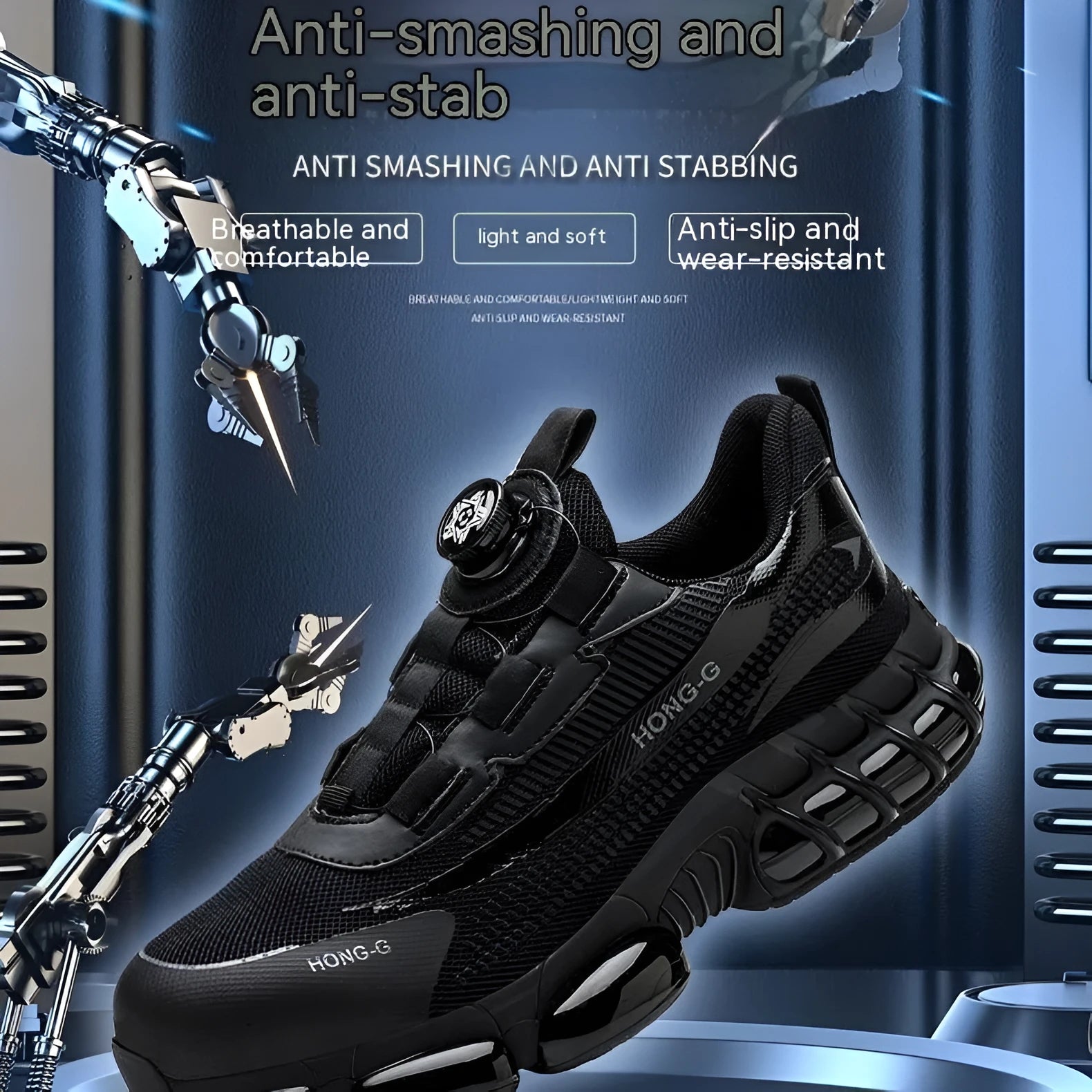 Low-top lightweight work safety shoes with laces in black, grey, or blue, featuring a steel toe cap.