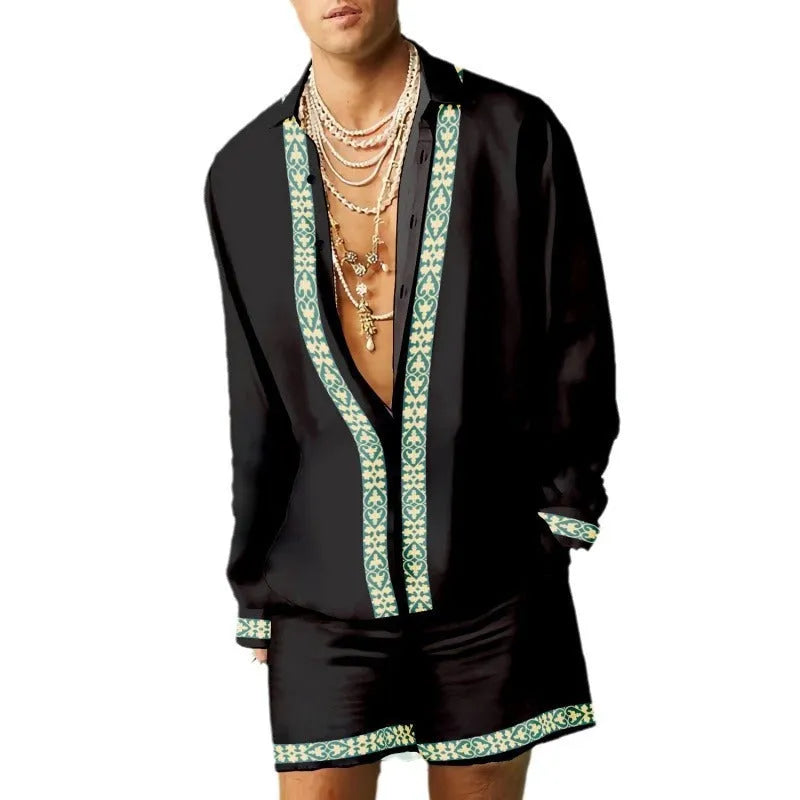 Men's grey polyester summer shirt and shorts co-ord set with slim fit and long sleeves
