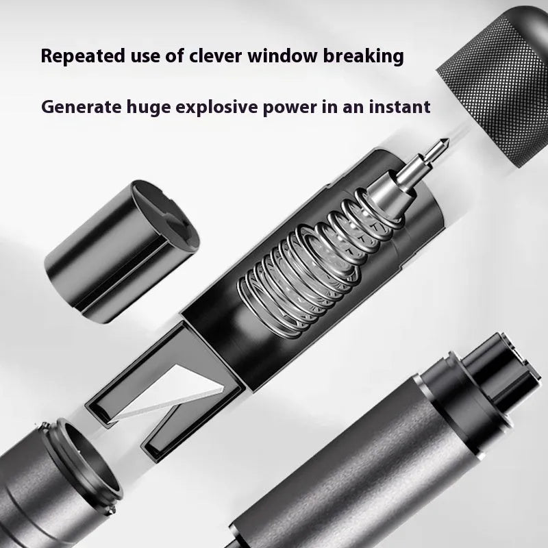 Gun grey aluminium alloy car safety hammer with window breaker and seatbelt cutter showing 87mm length