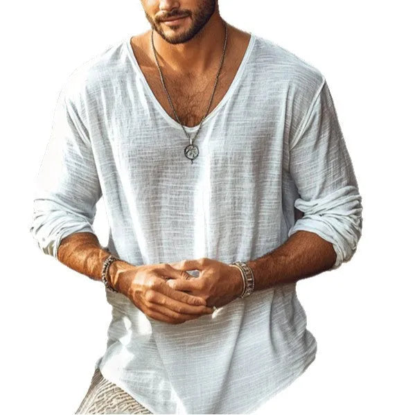 Beige men's slim-fit V-neck long-sleeved t-shirt made from hemp blend fabric
