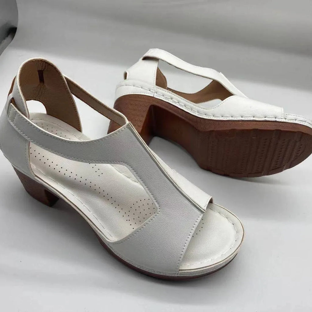Women's plus size peep toe wedge sandals in gold with Roman style and buckle fastening