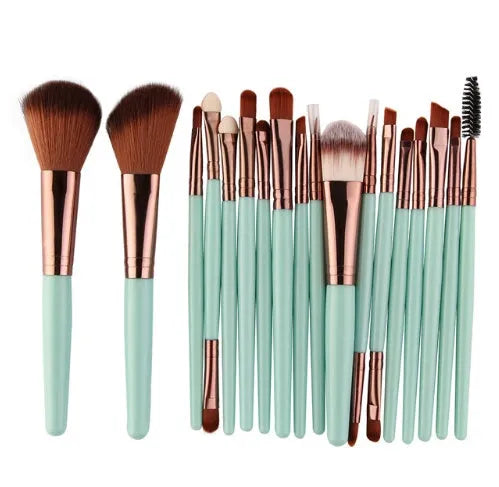 18-piece makeup brush set showing various brush shapes including fan tools for powder and contouring