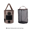 Folding fishing bucket in lemon yellow with optional mesh net pocket, showing 25-litre capacity and collapsed position