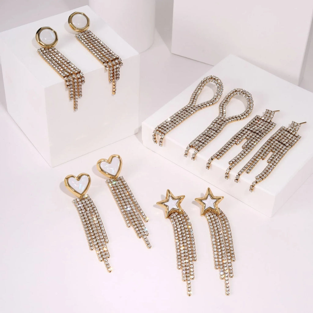 Women's stainless steel heart earrings with diamond tassel and 18K gold electroplated finish