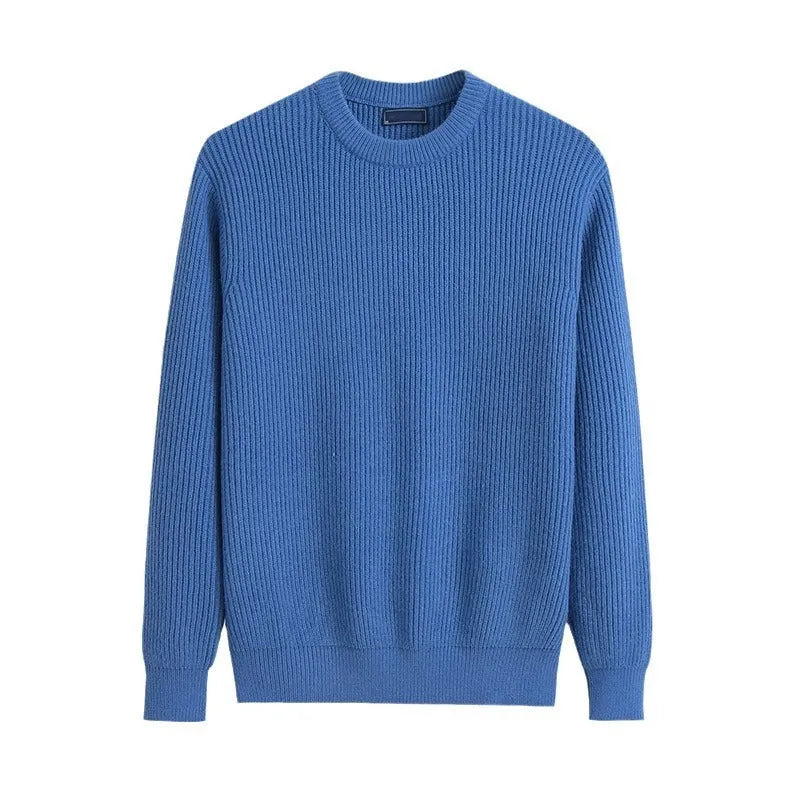 Men's fall winter loose fit knitted polyester pullover sweater in black, round neck, long sleeves