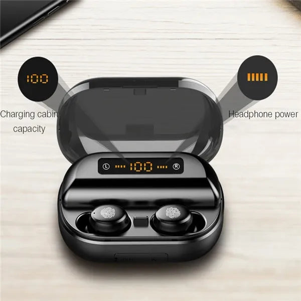 V11 Bluetooth true wireless earbuds in charging case with digital display, black and white options