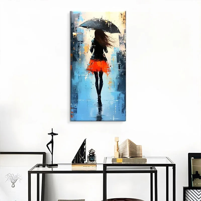 Hand painted abstract oil painting of people walking in rain on canvas, living room wall art, no frame, vertical size