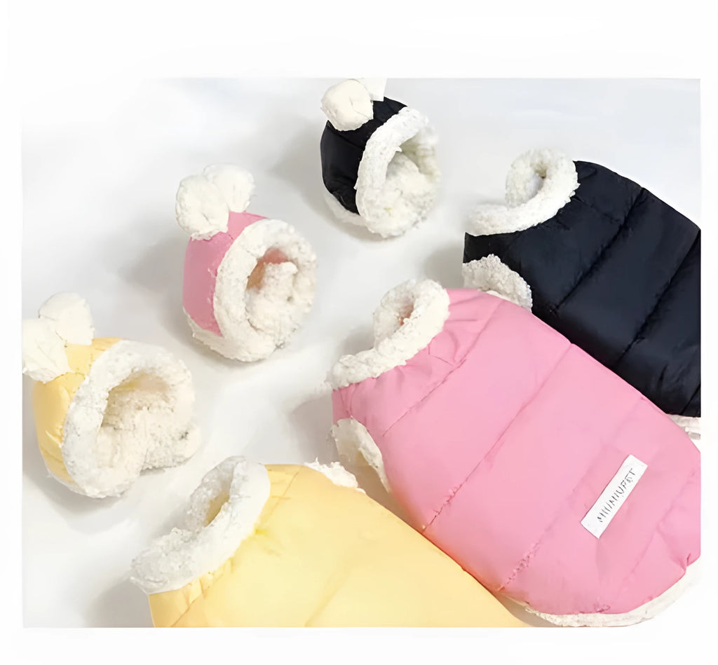 Cotton-padded pet clothes in casual style for dogs, available in black, pink, and yellow, sizes XS to XL