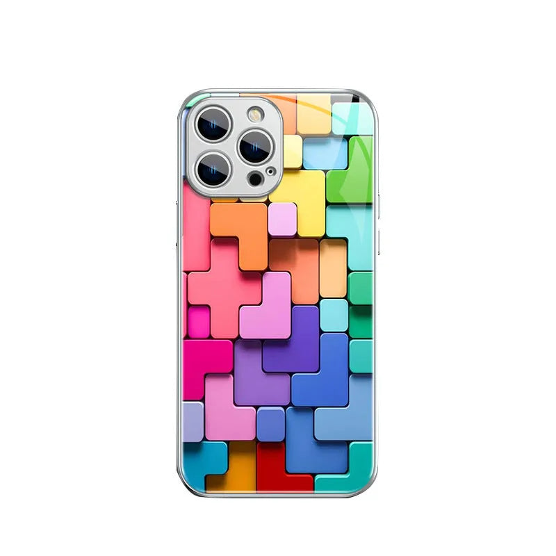 Cartoon geometry design silicone back cover case for iPhone on a solid background.