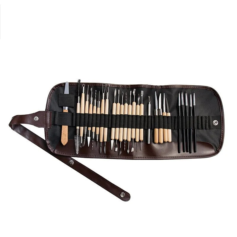 Brown OPP bag containing 27-piece pottery tool set with stainless steel, wood, and plastic sculpting implements.