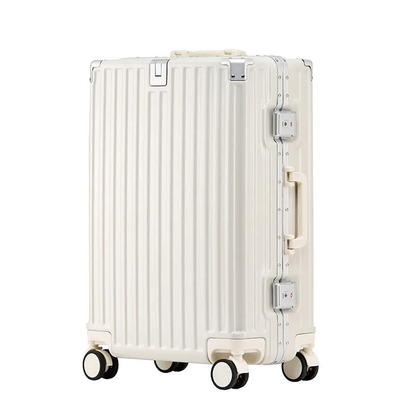Aluminium frame trolley suitcase in avocado green with wheels and a USB port.