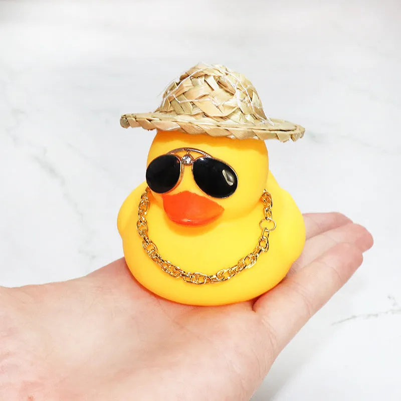 Yellow duck car dashboard ornament with straw hat and matte finish